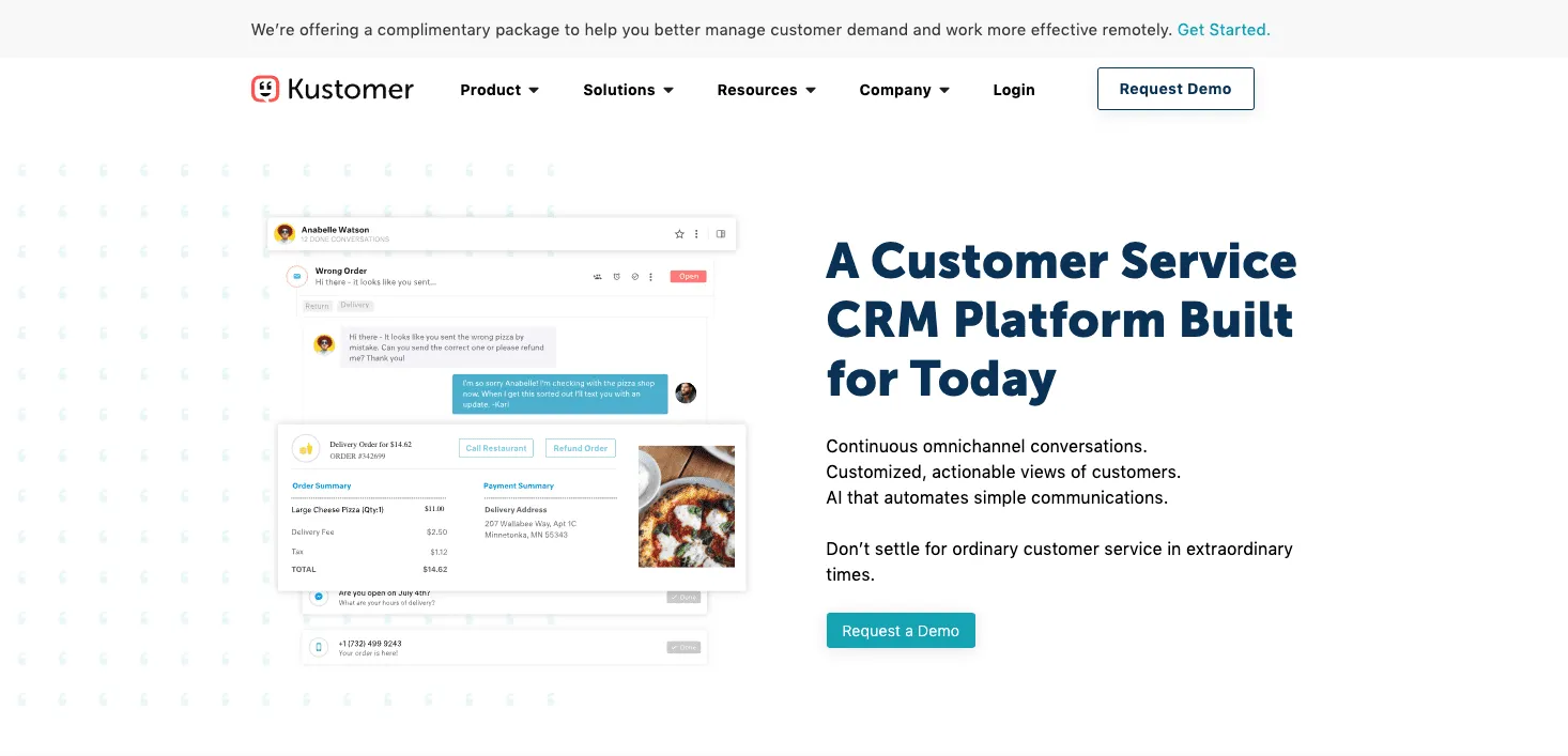 Kustomer homepage with the headline A Customer Service CRM Platform Built for Today
