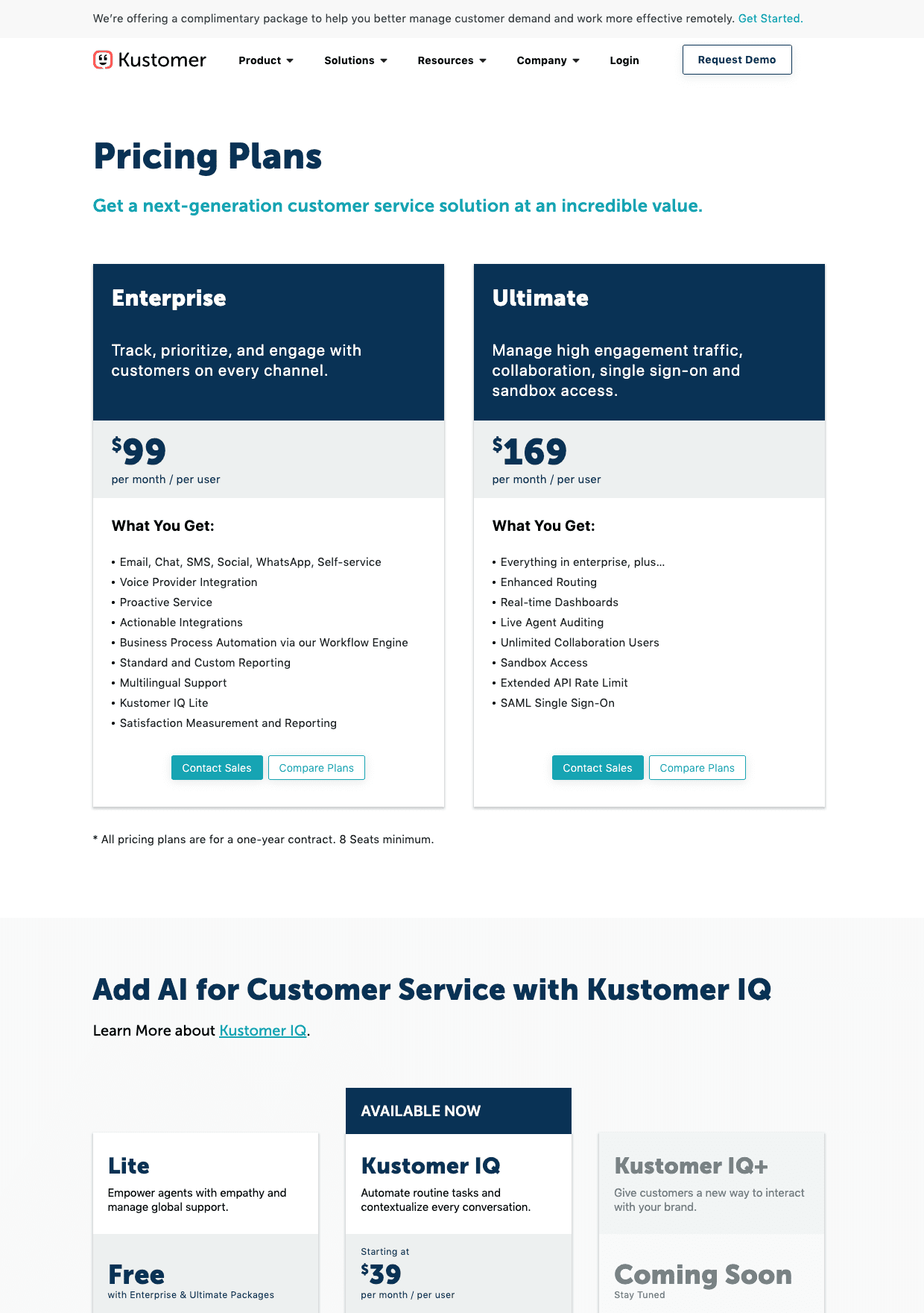 Kustomer pricing plans page assembled with the new page builder