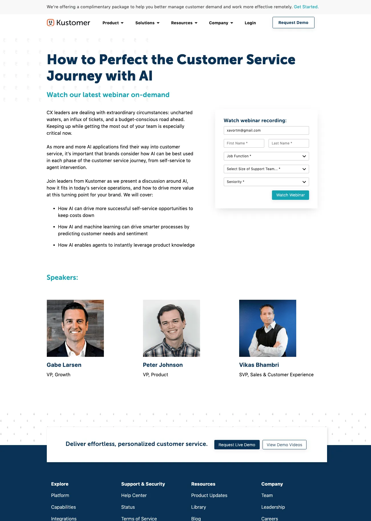 Kustomer webinar landing page built with the new page builder
