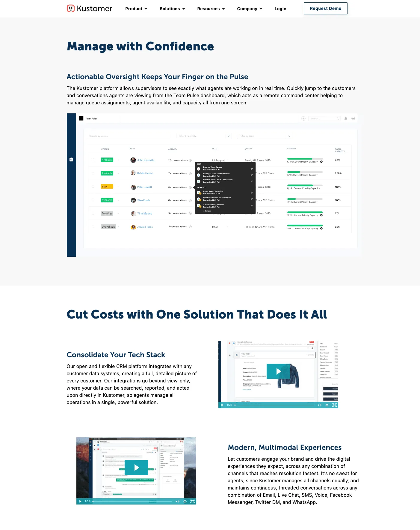 Kustomer product page with consistent typography and spacing