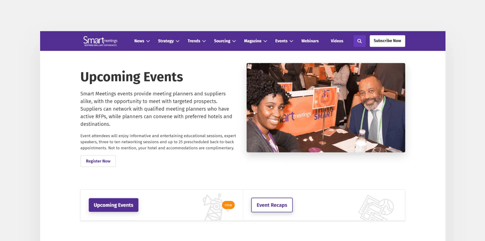 Smart Meetings Upcoming Events page with event photo and category tabs