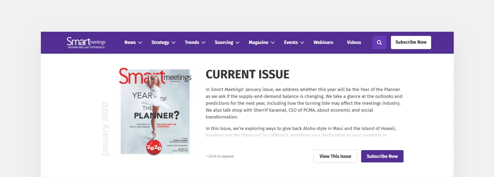 Smart Meetings Current Issue page showing the January 2020 magazine cover