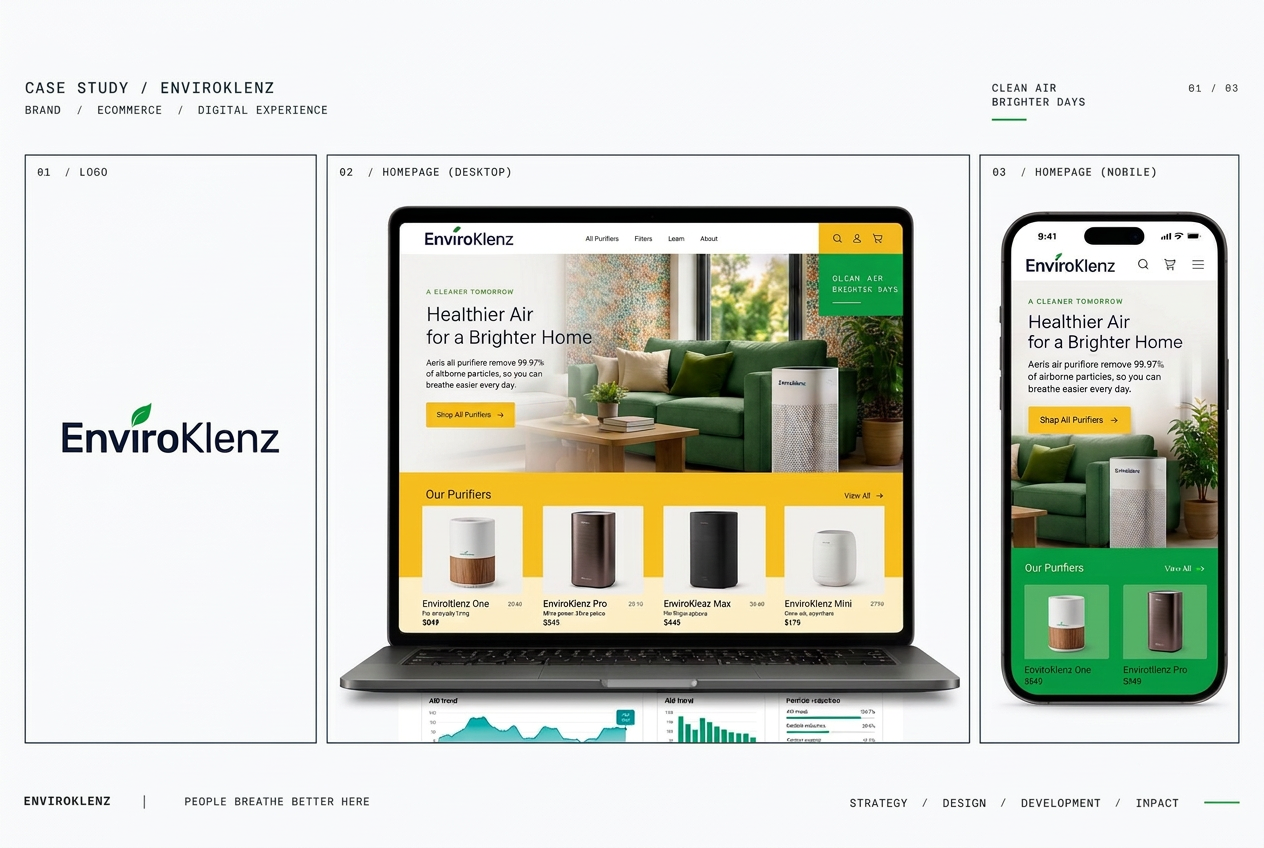 EnviroKlenz case study: brand mark with desktop and mobile site views