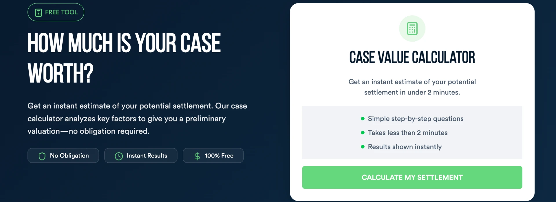 Case value calculator entry point on the ARA site: a headline asking how much a case is worth beside a card with the calculator call to action