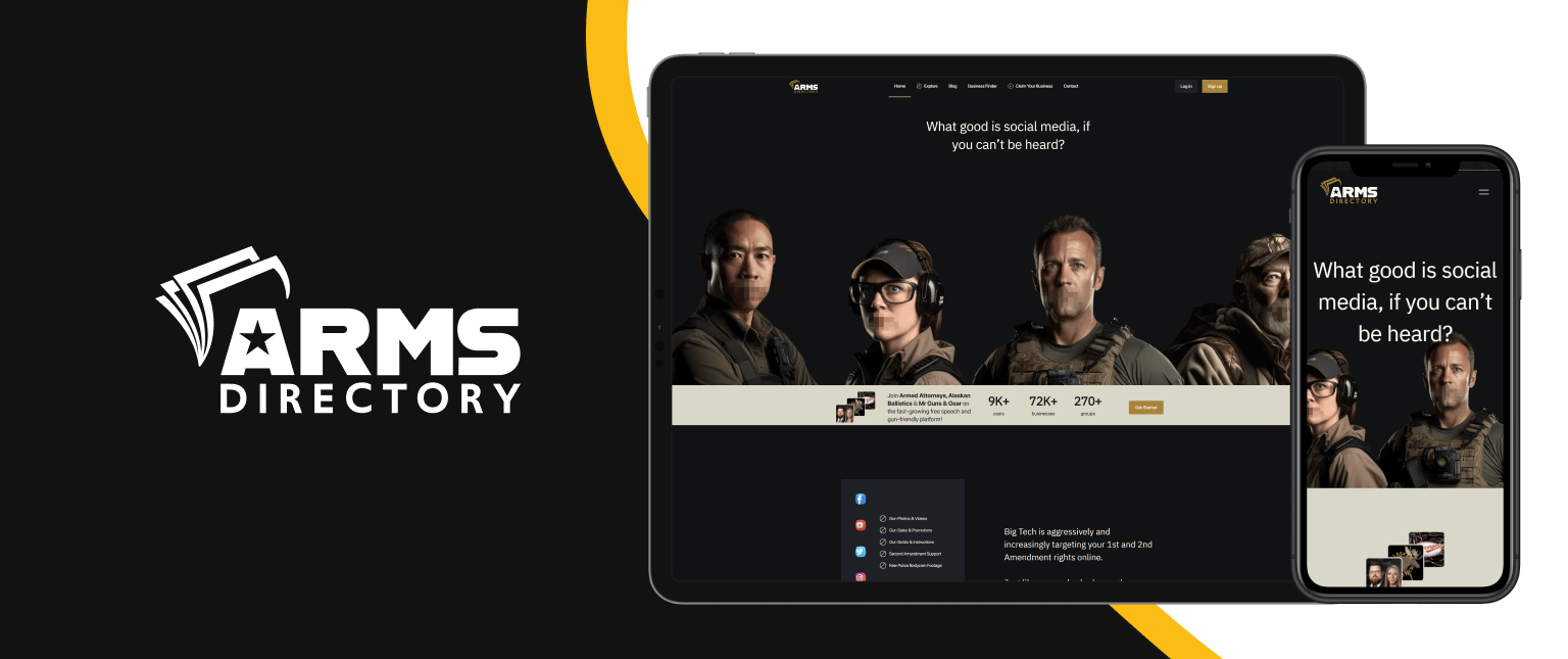 Arms Directory website shown on desktop and mobile