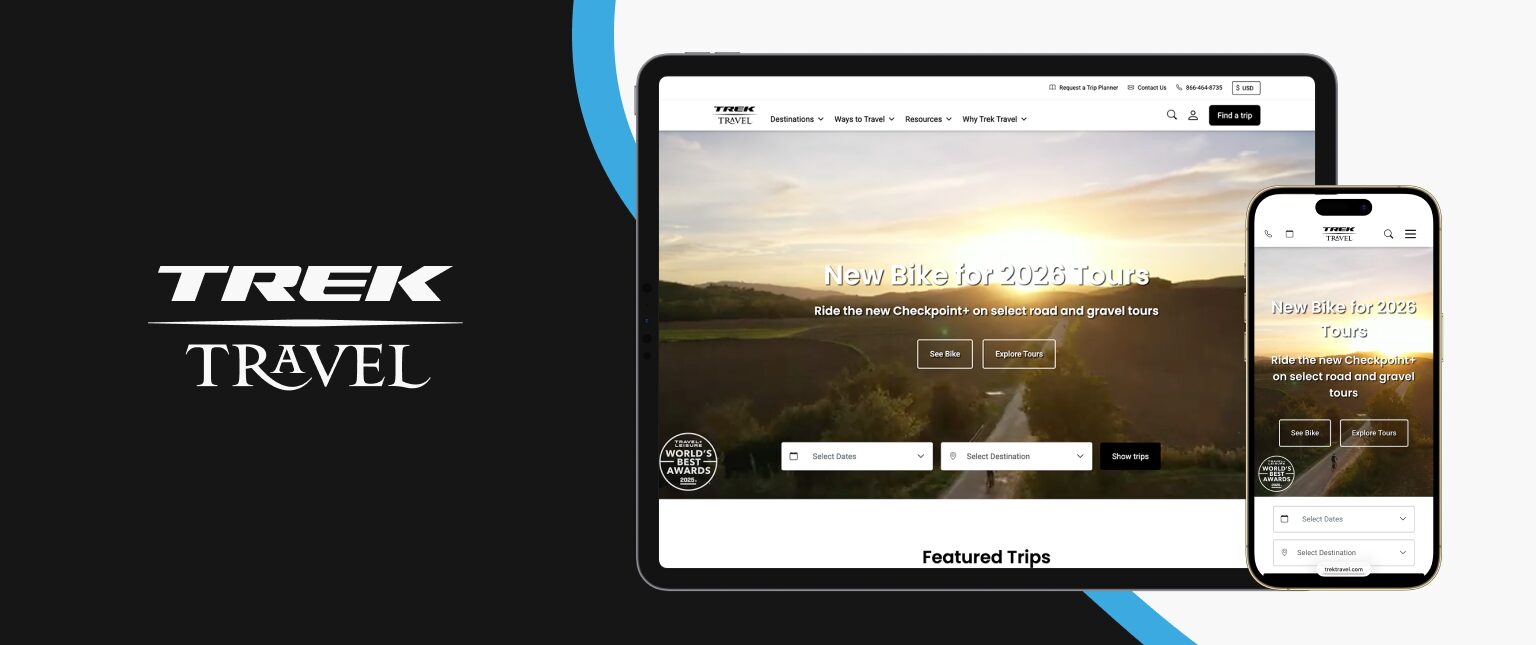 Trek Travel express checkout flow shown on desktop and mobile