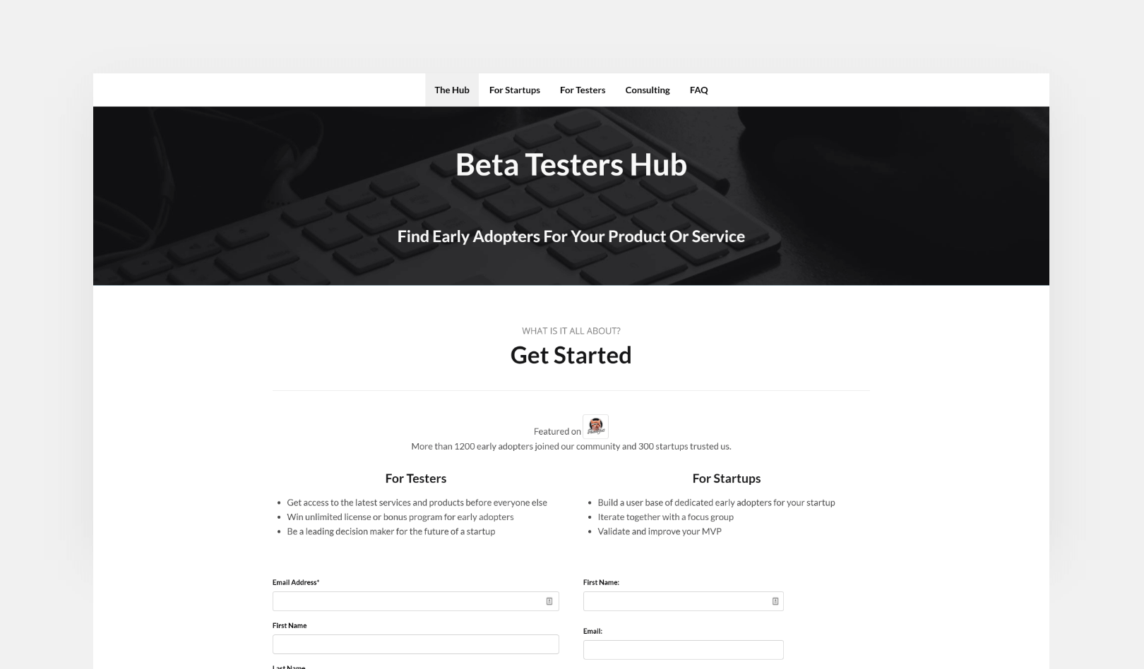 Beta Testers Hub home page screenshot