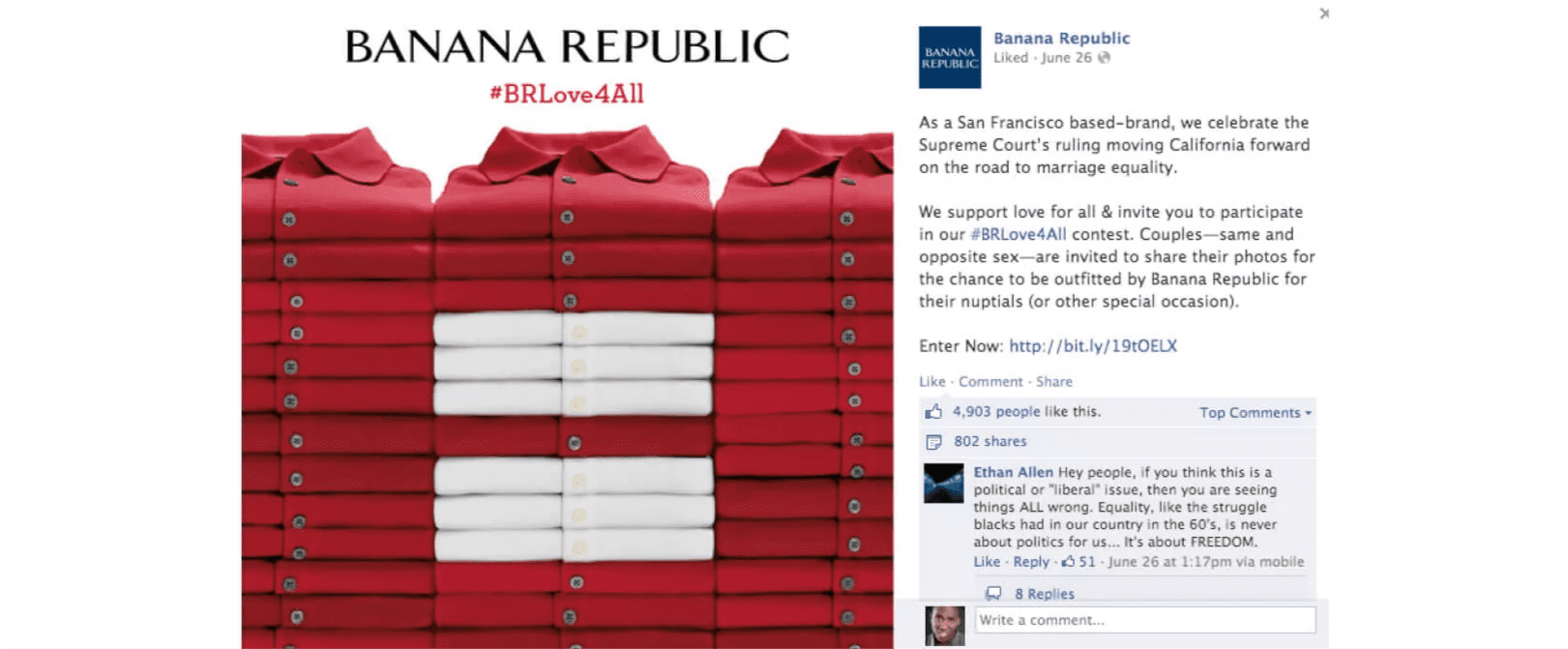 Banana Republic's Facebook post with #BRLove4All campaign, showcasing a stack of red and white shirts symbolizing the brand's support for marriage equality.