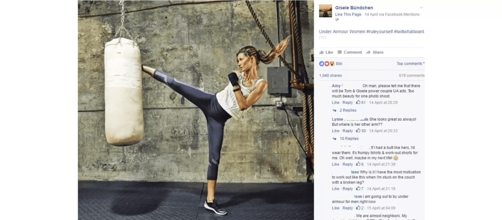 Under Armour's viral Facebook post featuring Gisele Bündchen in a kickboxing workout, promoting the '#IWILLWHATIWANT' campaign for women's empowerment and athletic wear.