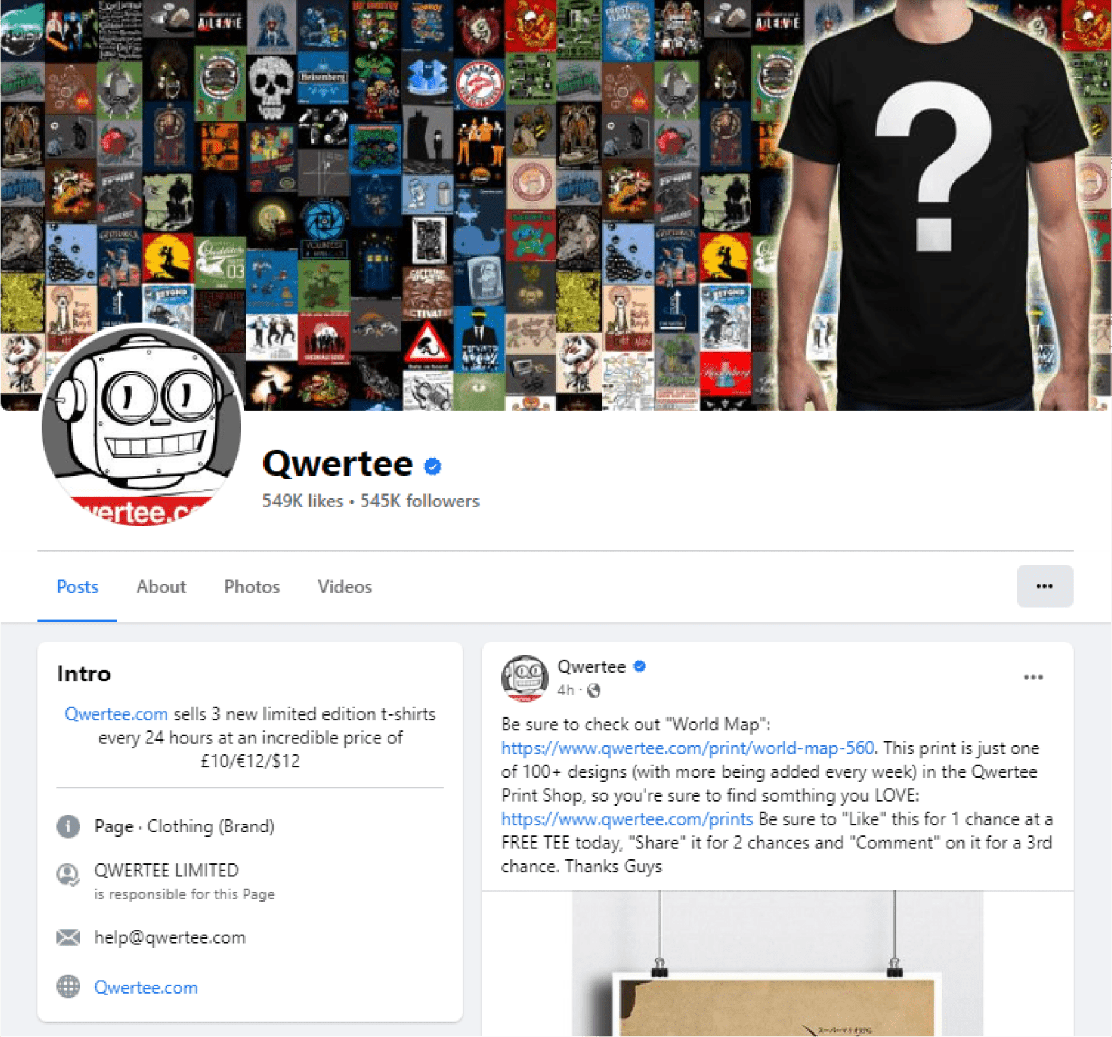 Screenshot of Qwertee's Facebook page with a mosaic of unique T-shirt designs and a promotional post for a 'World Map' T-shirt, demonstrating effective brand awareness and engagement strategy.