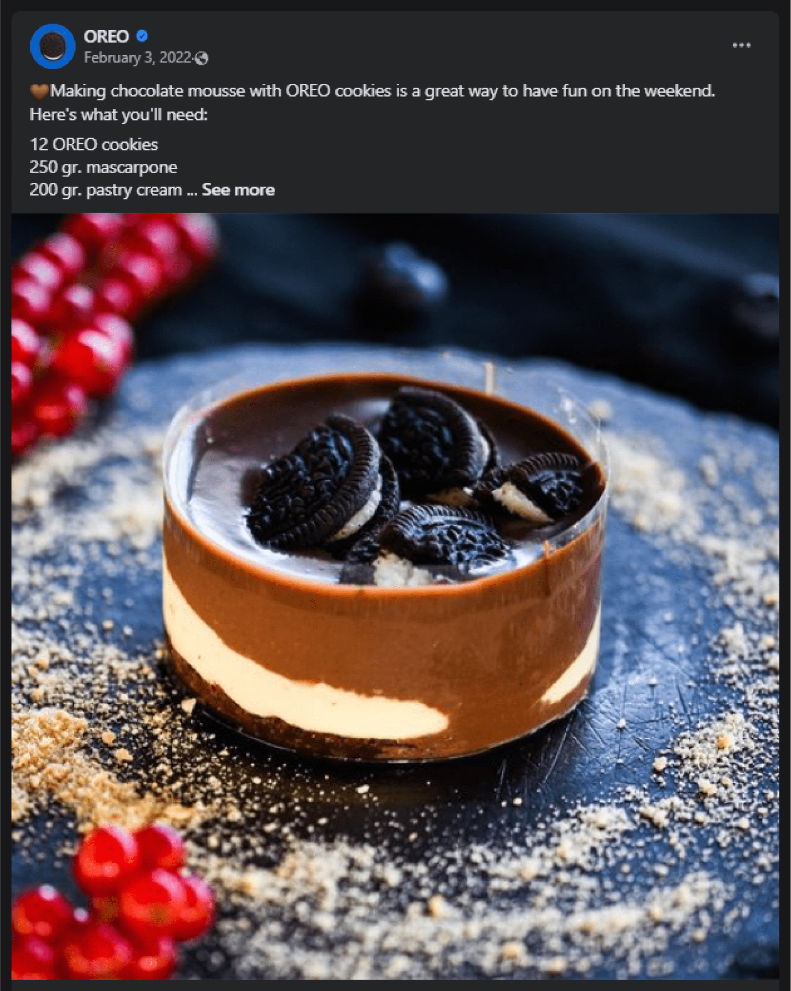 Facebook post by Oreo featuring a chocolate mousse recipe using Oreo cookies, exemplifying engaging DIY content with high social media interaction.