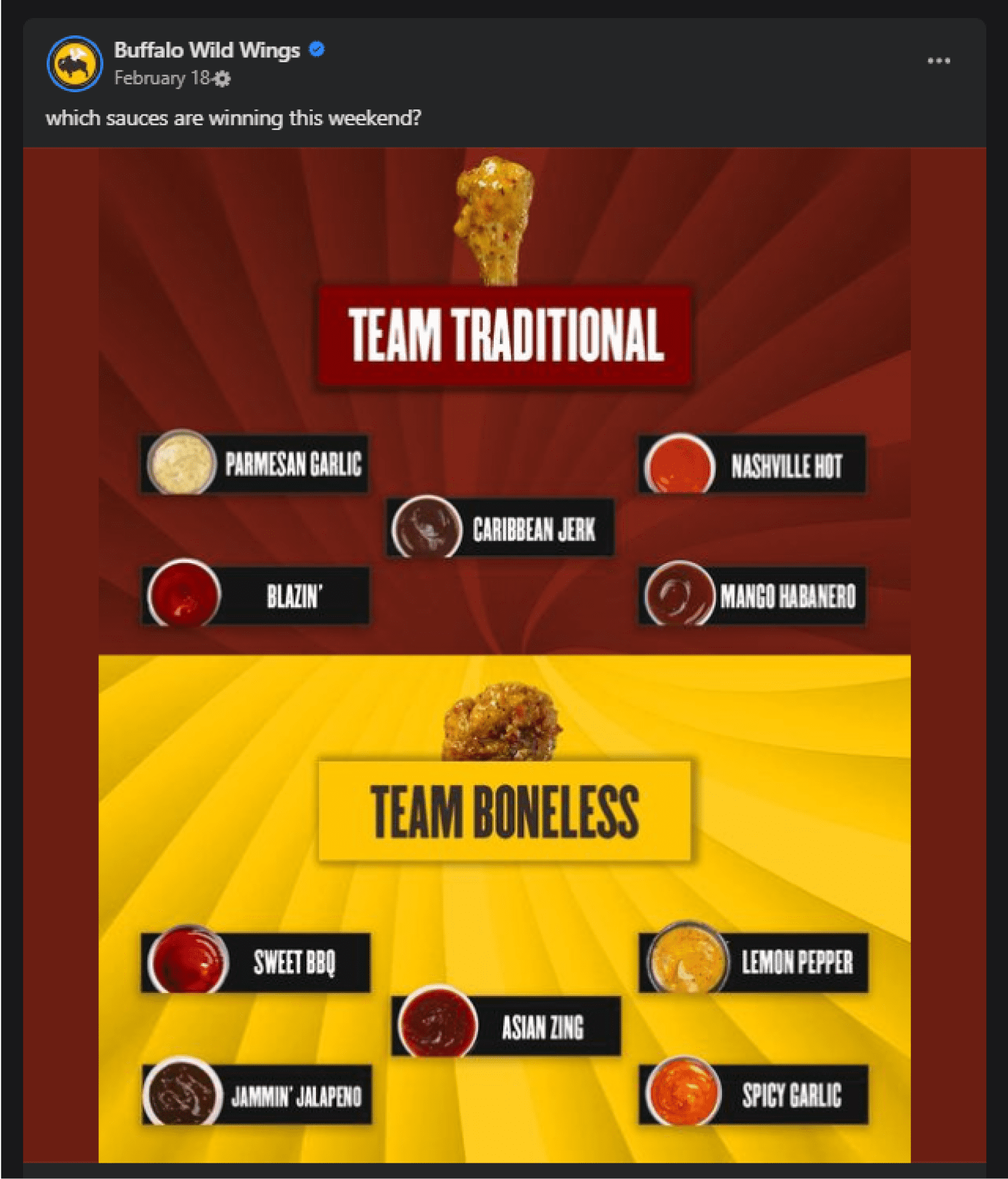 Buffalo Wild Wings Facebook post with a playful 'Team Traditional vs. Team Boneless' chicken wings poll, showcasing engaging content with a variety of sauce options.