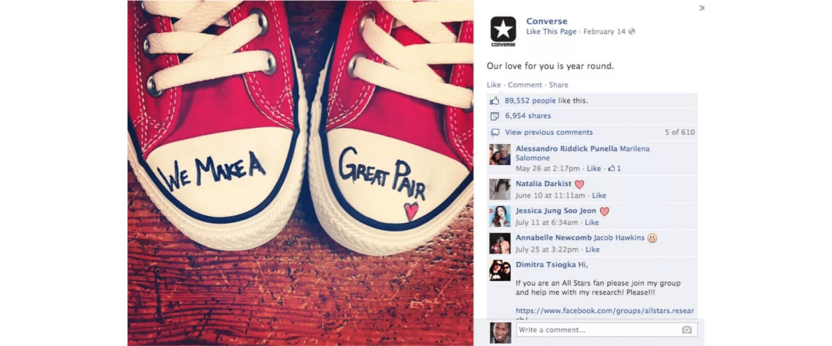 Viral Facebook post by Converse featuring a pair of red shoes with 'We Make A Great Pair' written on them, symbolizing customer appreciation and emotional connection.