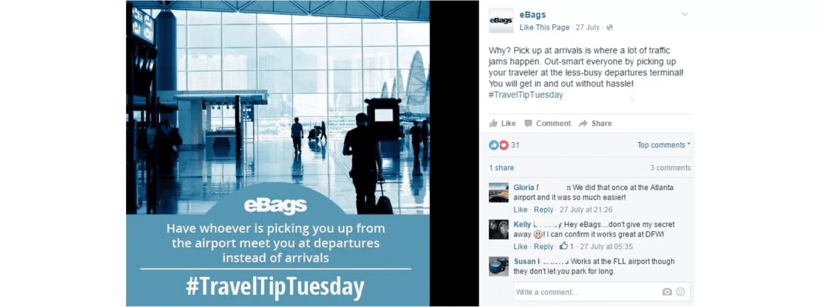 eBags' Facebook post for #TravelTipTuesday suggesting travelers to meet at departures instead of arrivals for convenience, reflecting their commitment to providing practical travel advice.