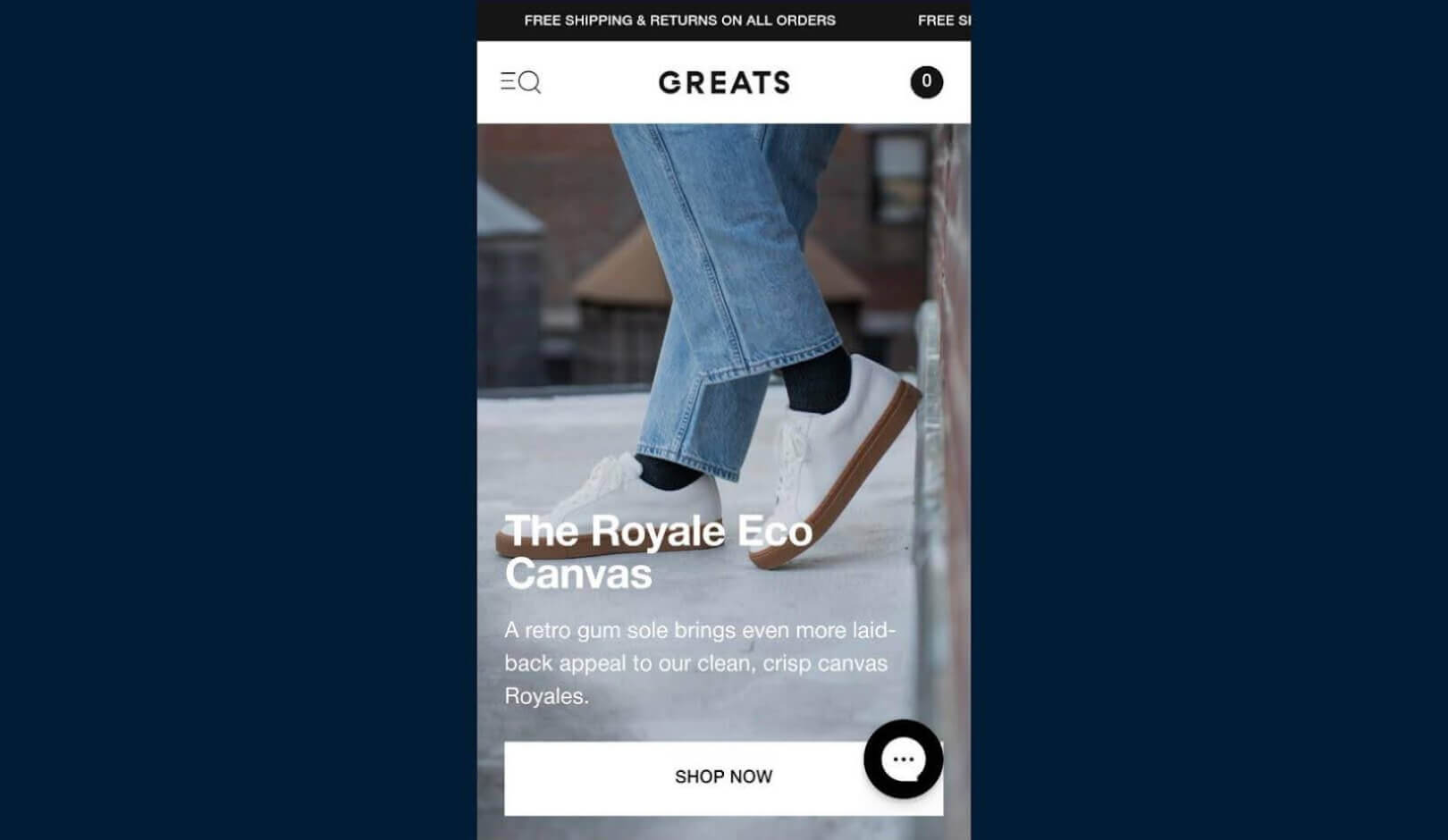 Mobile screen showcasing The Royale Eco Canvas shoes with 'Shop Now' button, highlighting a mobile-first shopping experience as part of the latest ecommerce trends.
