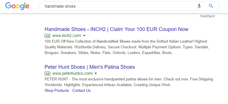Handmade shoes Google search result