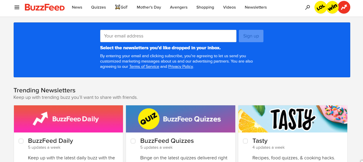 BuzzFeed email capture form on the website