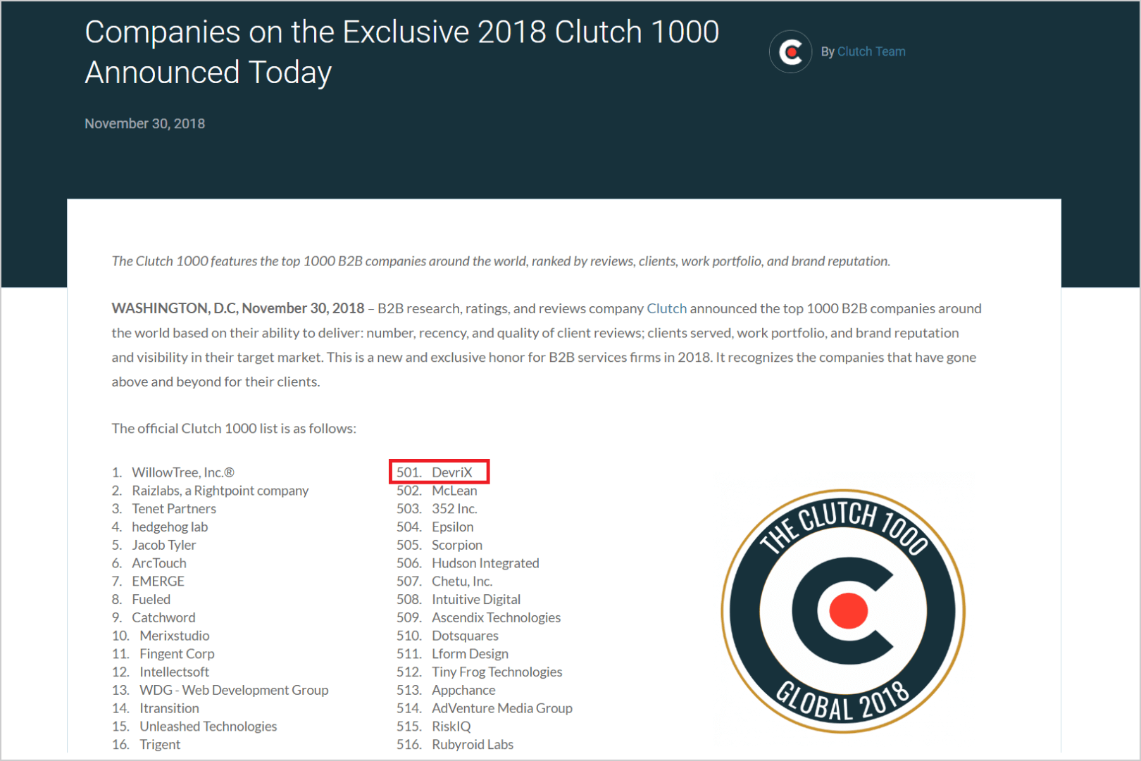 DevriX on the Exclusive 2018 Clutch 1000 List