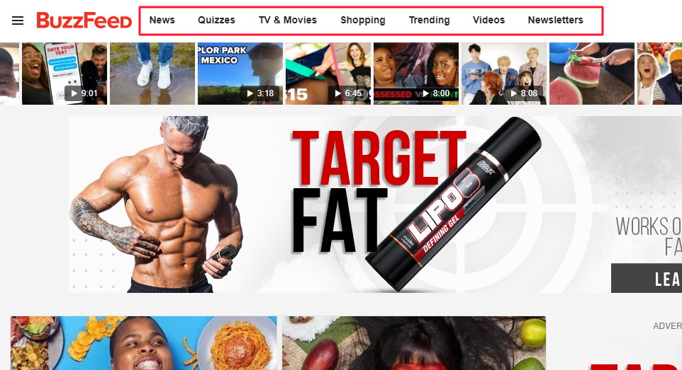 BuzzFeed menu navigation