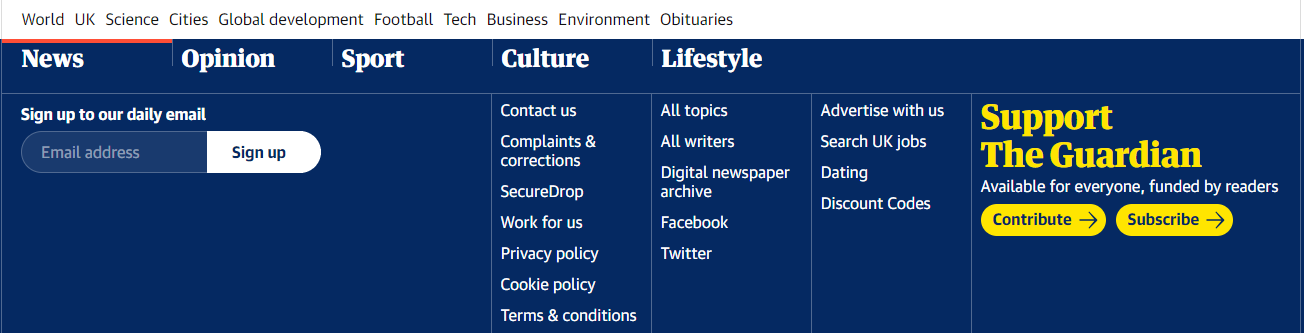 The Guardian footer menu