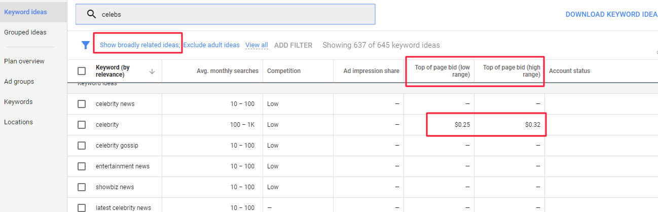 discover new keywords on Keyword Planner by using filter