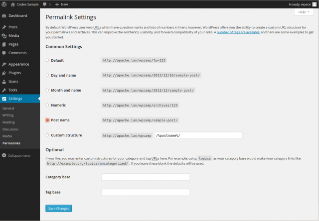 permalink settings in WordPress dashboard