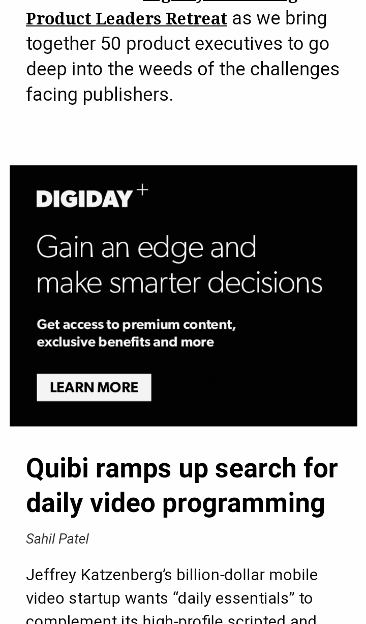 Digiday mobile view with learn more button on an article