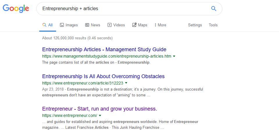 Entrepreneurship plus articles Google search results