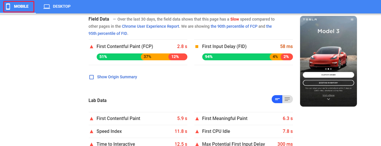 PageSpeed Insights mobile performance page
