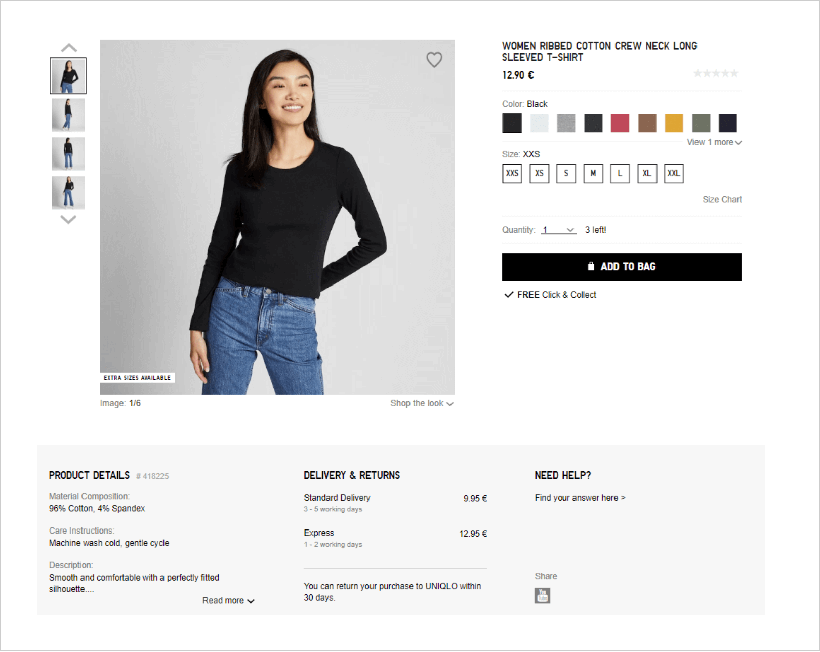 Uniqlo product and delivery and returns details