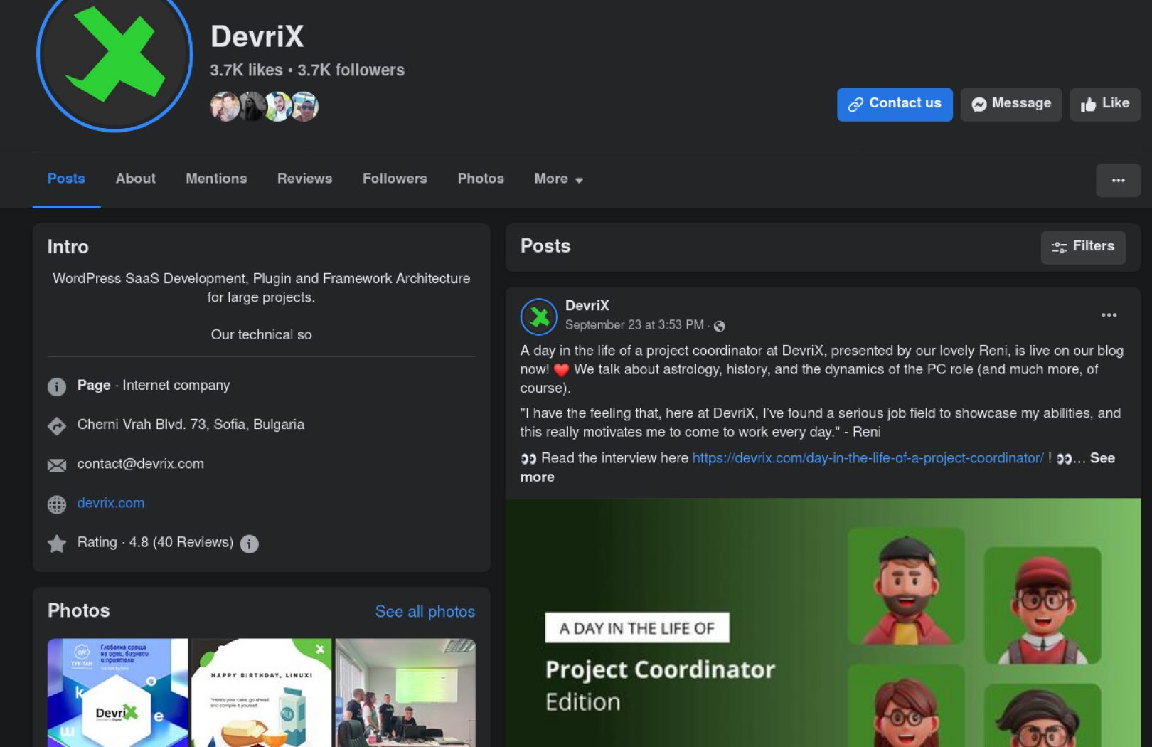 Screenshot of DevriX Facebook Page showcasing the 'About' section, which includes the company intro mentioning WordPress SaaS Development, Plugin and Framework Architecture for large projects, and contact information. The page highlights the importance of optimizing Facebook page website links for increased traffic, featuring visible 'Contact us' and 'Message' buttons, as well as a sample engaging post with a link to a blog interview. The page has 3.7k likes and followers.