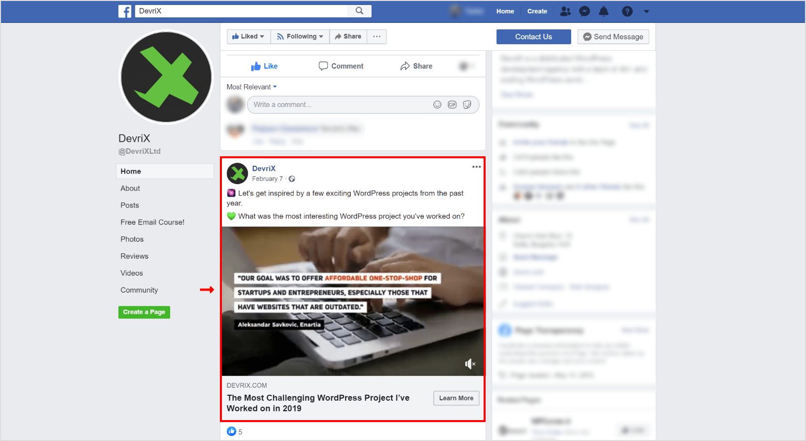 Screenshot showing a Facebook post by DevriX with a video titled 'The Most Challenging WordPress Project I've Worked on in 2019'. The post suggests leveraging video content for marketing and includes a call to action to learn more about the project, highlighting the effectiveness of video in engaging the audience and driving website traffic. Visible engagement options such as likes, comments, and shares are displayed.